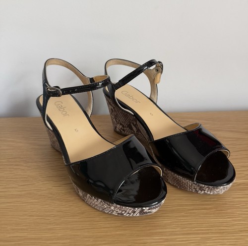 Gabor Black Patent/Snake Skin Sandals Size 5 UK Leather Wedges Quality Worn Once - Picture 5 of 10