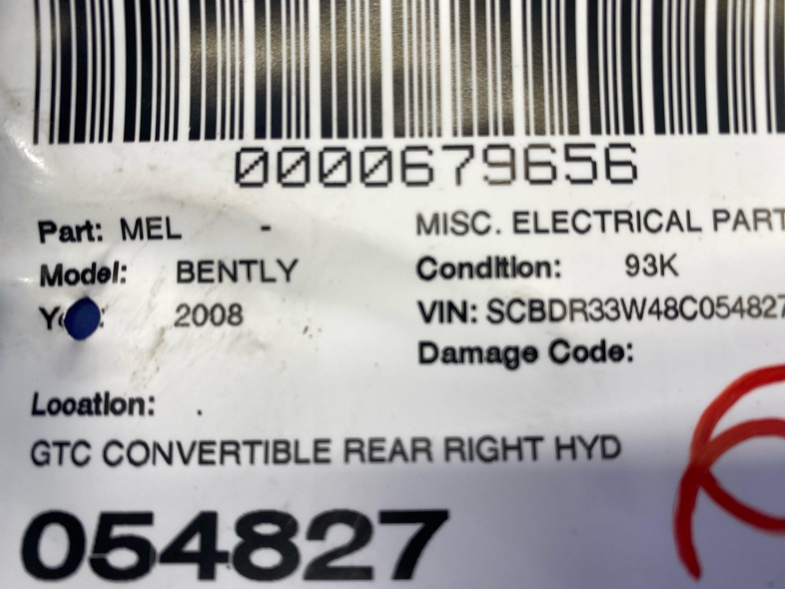 2006-2010 BENTLEY CONTINENTAL GTC REAR RIGHT HYDRAULIC LIFT CYLINDER CABLE SHOCK