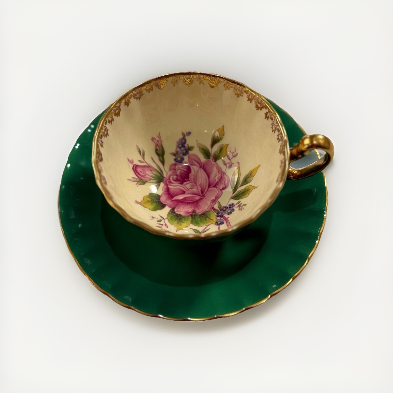 AYNSLEY GREEN TEA CUP & SAUCER SET LARGE PINK CABBAGE ROSE DESIGN CS286