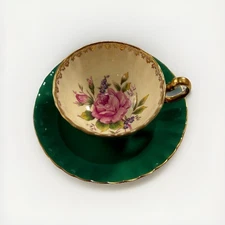 AYNSLEY GREEN TEA CUP & SAUCER SET LARGE PINK CABBAGE ROSE DESIGN CS286