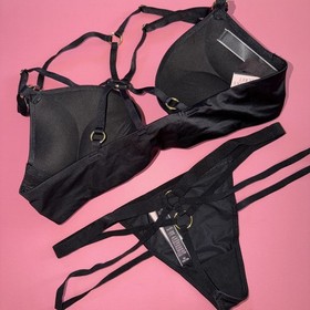 Victoria's Secret 34A BOMBSHELL BRA SET M thong BLACK gold rings strappy cutout