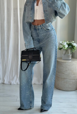 Zara TRF Straight Leg Rhinestone Jeans Blue Size UK6 UK8 UK10 UK12