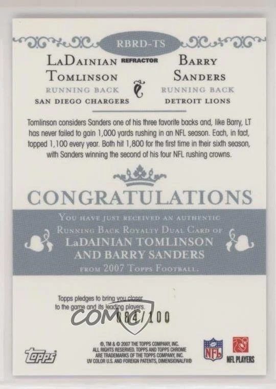 2007 Topps Chrome White Refractor /100 Barry Sanders LaDainian Tomlinson HOF - Image 2 of 2
