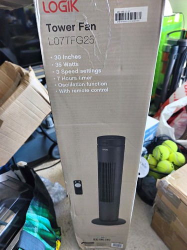 Logik L07TFG25 30in Tower Fan 35W Black Oscillation Remote 3-Speed 7hr