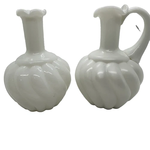 Vintage Fenton Milk Glass Swirl Vanity Pitcher & Perfume Bottle No Tops Spiral