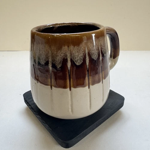 Brown Drip Glaze Vintage Pottery Cream and Brown Coffee Mug Cup 10 oz