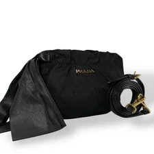 Prada Shoulder Bag Black Nylon Leather Ribbon Gold Logo Vintage Authentic