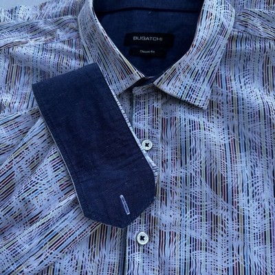 Bugatchi Button Dress Shirt Mens XL Classic Fit Bright Stripes White Feathers