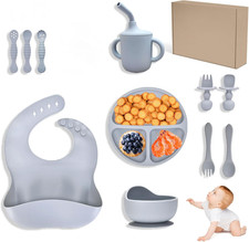 11PCS Baby Led Weaning Set   Silicone Plates, Bowls, Straw Cup, Utensils  Bib w
