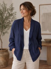 Coldwater Creek XL Jacket Blue Linen Herringbone Open Bin-D