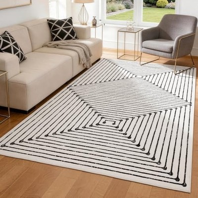 Washable 5x7 Area Rugs for Living Room, Black and White Striped Rug for