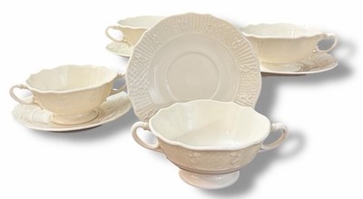 4 Lenox WASHINGTON WAKEFIELD Cream Soup Bowls Saucers Basket Weave Double Handle