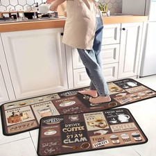 2 Coffee Kitchen Rugs, 17x47, 17x30, Non-Slip, Washable, Stain Resistant Decor