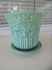 Vintage McCoy Pottery Daisy Planter Aqua Turquoise Flowerpot Attached Saucer 5"