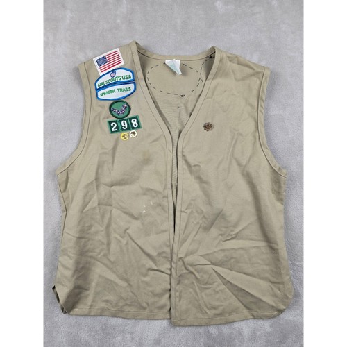 Girl Scouts Uniform Vest Girls Medium Tan Spanish Trails Patches Pins USA Made