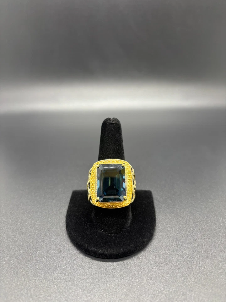 Anillo para hombre enchapado en oro de 24 quilates con topacio azul Londres de 24,82 quilates | Plata 925 | Certificado Foto 4 de 4