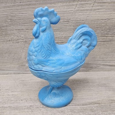 Blue Milk Glass Rooster Hen Pedestal Covered Dish Figurine Farmhouse Decor Nest