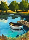 White Rowboat Lake Painting 9x12 Original Landscape Acrylic Wall Art R Stevens — photo 3
