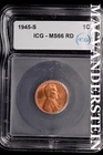 1945-S Lincoln Wheat Cent-ICG MS 66 RD Choice Gem BU No Reserve #SLL712
