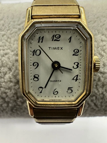 Vintage Timex 1987 Womens Gold Tone Watch New Battery 18MM 6" Stretch Band Q