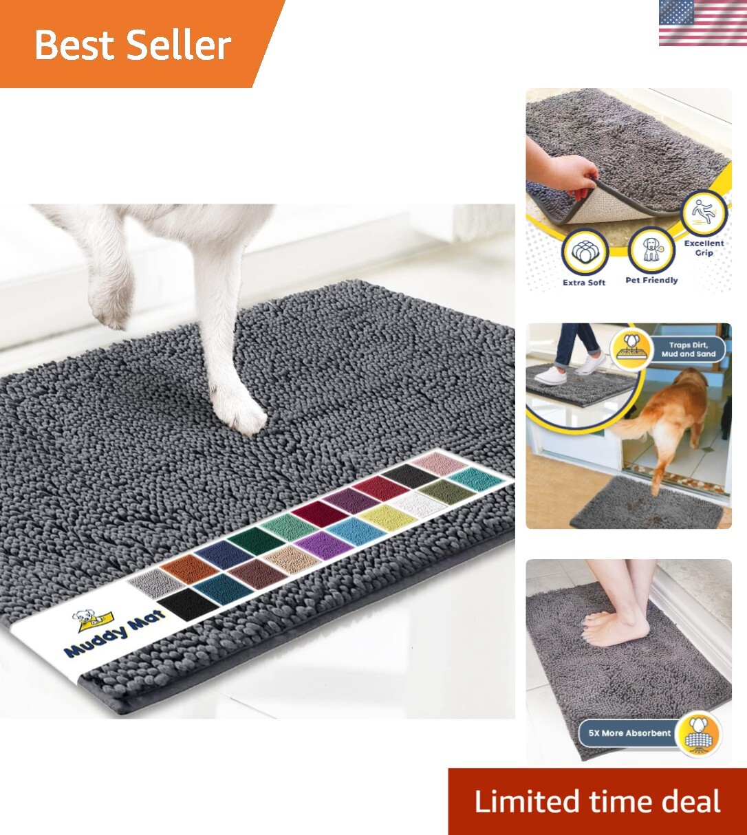 Stylish Grey Chenille Quick-Dry Non-Slip Dog Mat Indoor Outdoor Carpet 30x19