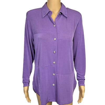 Lori of California By Am Casuals Womens S Purple Button Up Stretch Blouse Shirt