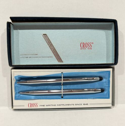 Vintage CROSS Chrome Ball Point Pen Mechanical Pencil Set 3501 Wear To Box - Afbeelding 1 van 8