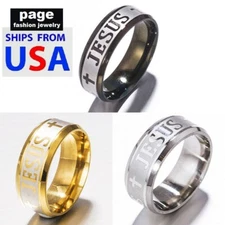 Etched JESUS Cross Silver/Gold/Black Comfort Fit Stainless Steel Ring Sz. 7-11.5