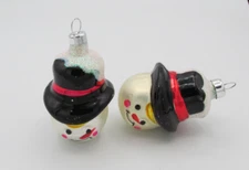 Vintage Bradford set of 2 Mercury Glass Snowmen Heads Christmas Ornament Top hat