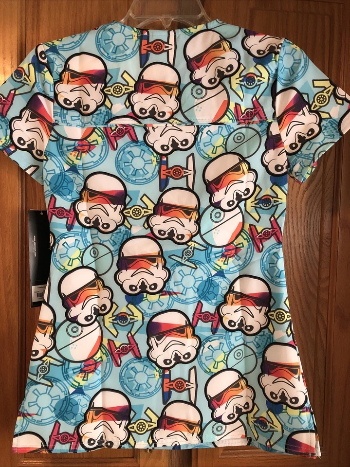 NWT CHEROKEE TOONYFORMS DISNEY STAR-WARS S/Sleeve Scrubs (XXS) Pockets Blue - Image 2 of 4