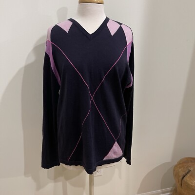 Versace Classic V2 Wool Merino Purple Argyle Sweater VINTAGE XL Made In Italy