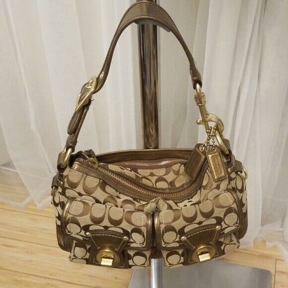 Coach Gold Metallic Leather Canvas Purse Handbag … - image 1