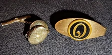 Lot 2 Tie Tack/Clip, brushed gold oval gem & O Monogram Initial Letter Lapel Pin
