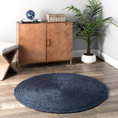 Runder Teppich Blau Farbe Natur Jute Landhaus Vorleger Handgewebt Carpet