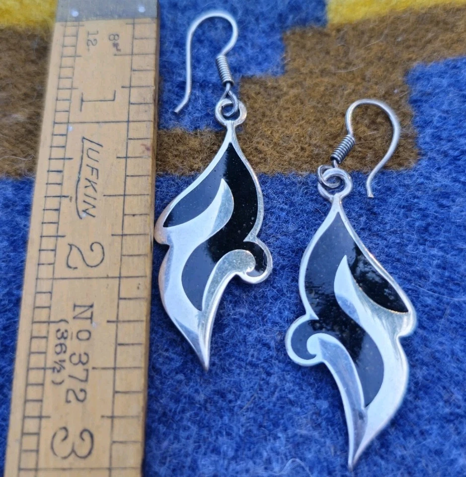 复古 Taxco 墨西哥纯银黑色珐琅火焰耳环 925 签名电视-25 — 第 3/4 张图片