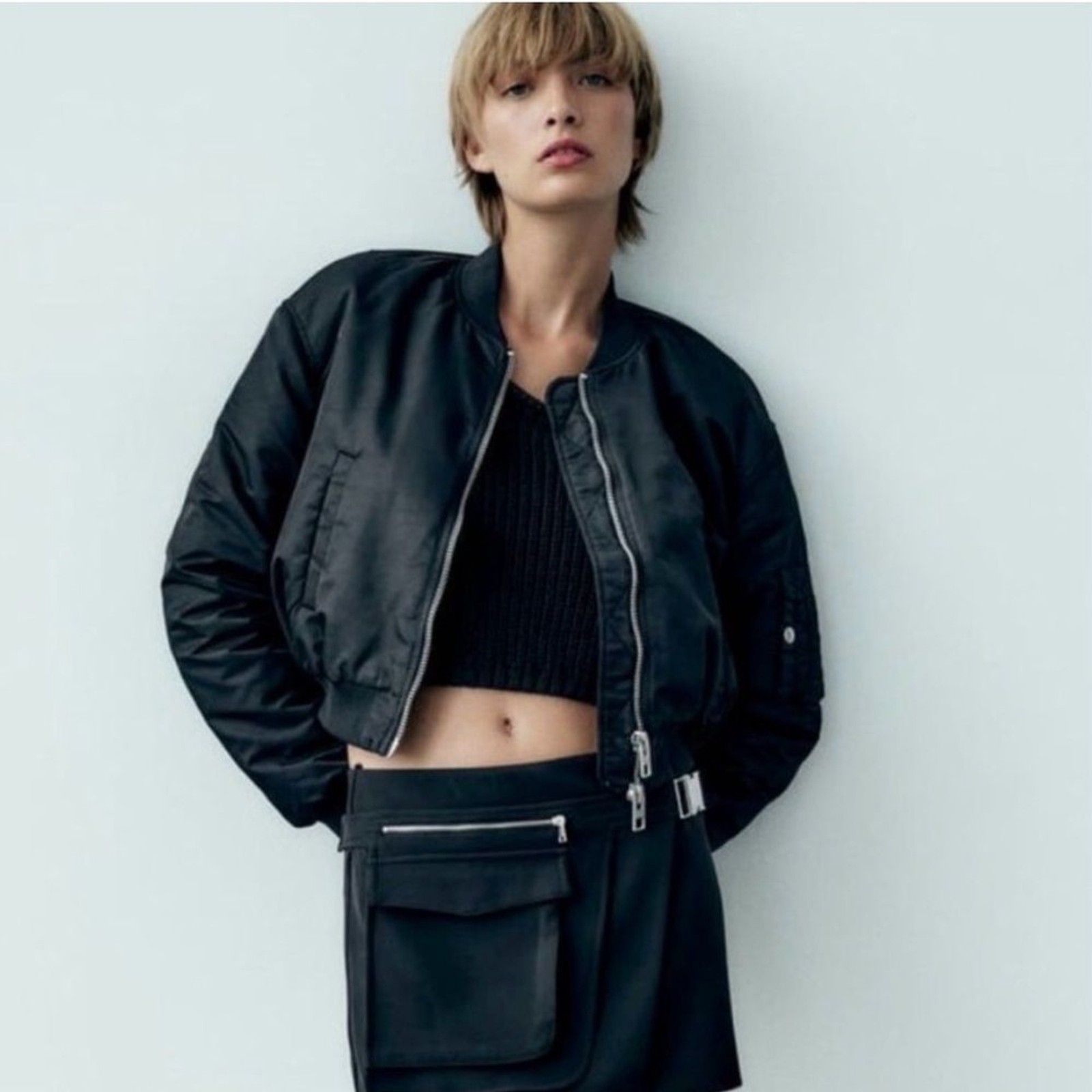 ZARA Cropped Nylon Rocker Oversized Bomber Jacket Black Sz S