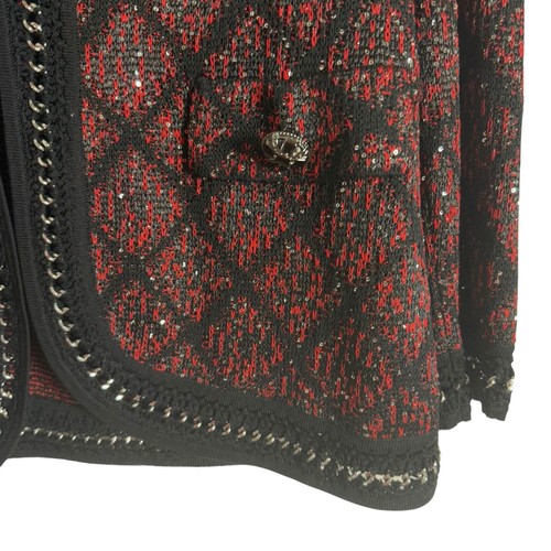 Misook Crochet Chain Trim Mini Sequin Knit Jacket Crimson Red Black Size Medium - Picture 9 of 13