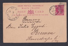 MALTA 1897 1d VICTORIAN PS CARD MALTA #A25 CANCEL TO BREMEN GERMANY