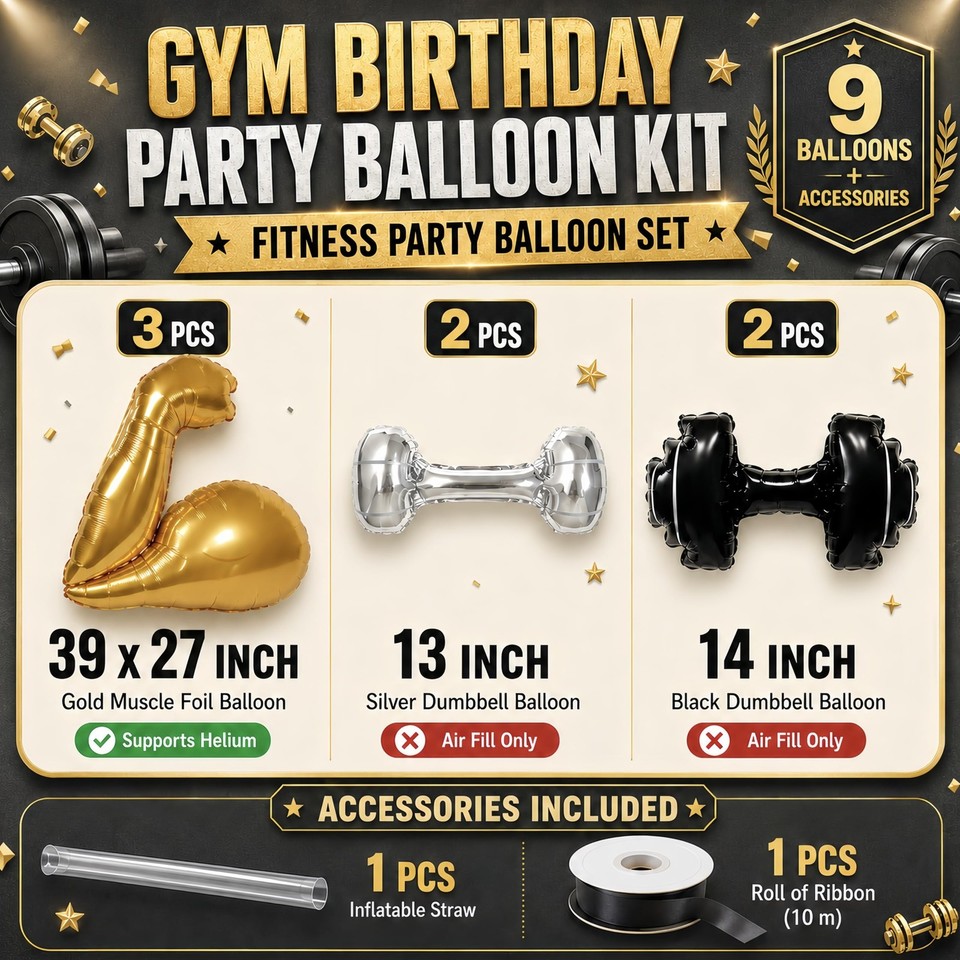 7Pcs Gym Birthday Party Decorations/Gold Bicep Muscle Balloon + Mini ...