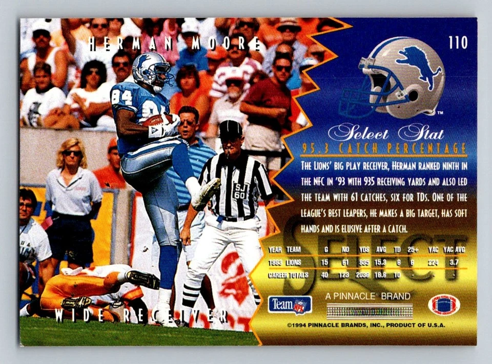 1994 Select Herman Moore #110 Detroit Lions - Image 2 of 2