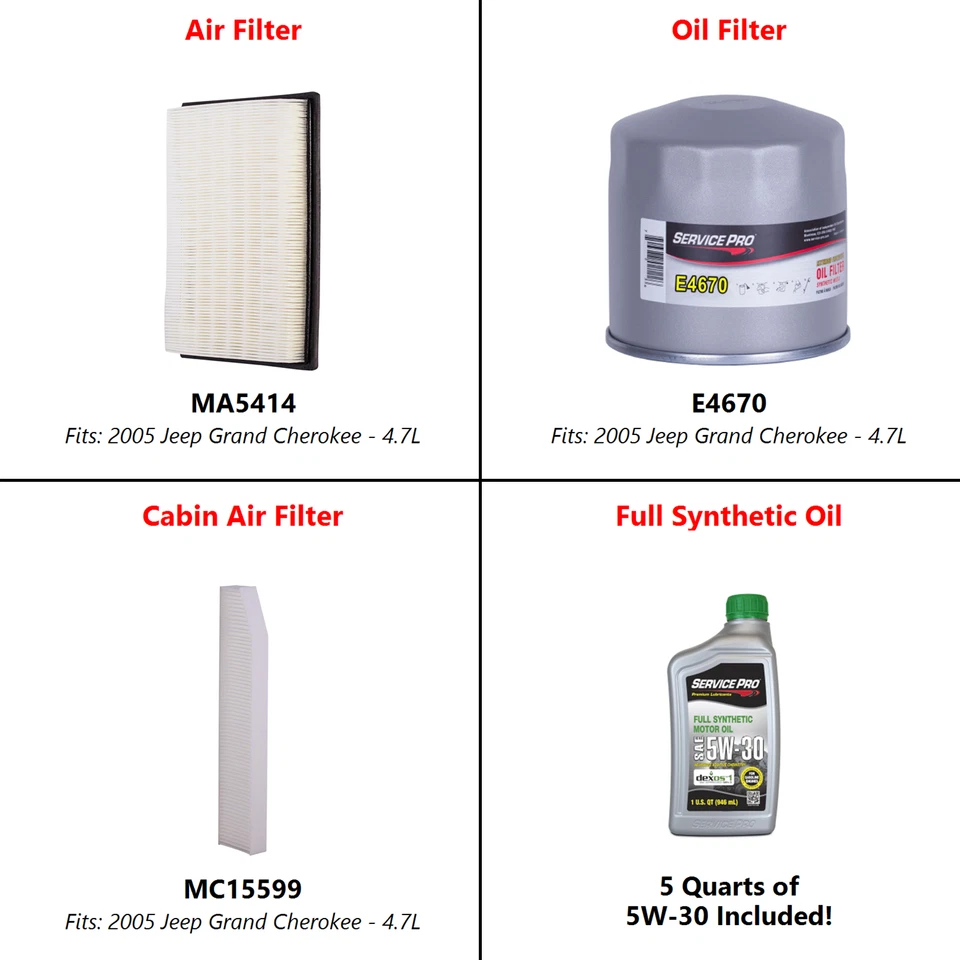 2005 Jeep Grand Cherokee 4.7L Complete Oil, Air & Cabin Filter Kit (5W-30) — 第 2/4 张图片