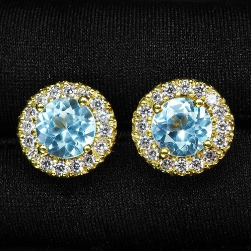 Sparkling Baby Blue Aquamarine 3.45Ct 925 Sterling Silver 24K Gold Stud Earrings