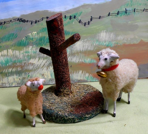 Germany  3 " Tall Wooly Sheep and Baby  with a Putz  Tree Trunk - Stick Legs - Picture 2 of 4