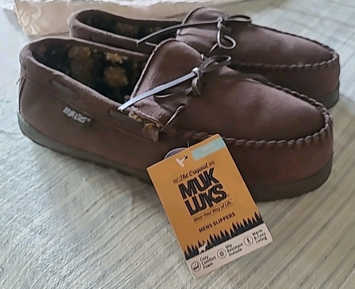 SAOLA Mocassino ciabatte uomo Muk Luks marrone scamosciato trapper 12 suole foderate nuove con etichette