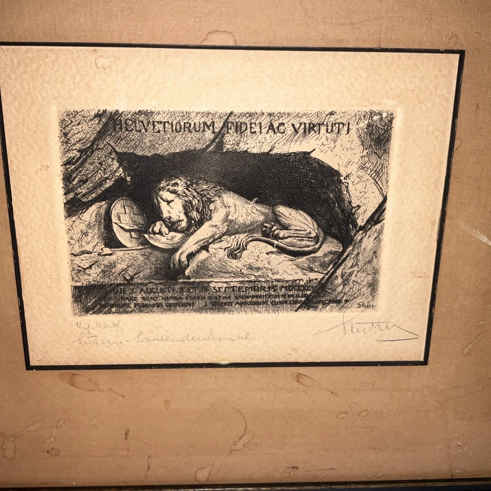 Monumento al León de Lucerna Suiza Lápiz Firmado Grabado Artista STUBER 1930’s Foto 4 de 4