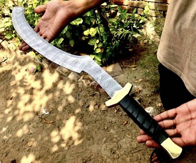 Hand Forged Damascus Steel Scimitar Sword-Curved Blade With Brass Guard