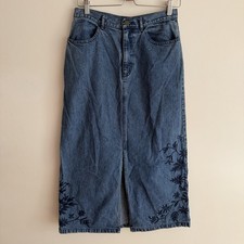 Vintage 90s Eddie Bauer Embroidered Denim Maxi Skirt Front Split Petite 8 M