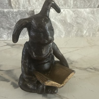 Bronze Finish Reading Bunny Rabbit Figurine Book Lover Statue Home Decor 8 