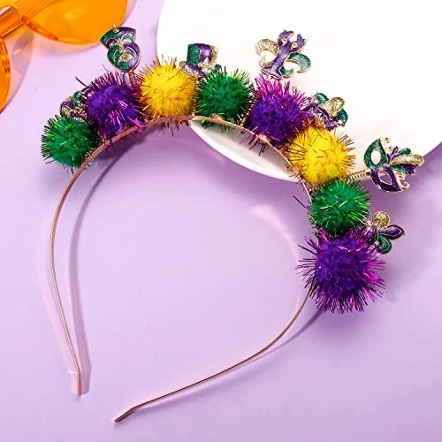 Diadema Mardi Gras púrpura verde dorado bola esponjosa lazo para el pelo disfraz sombreros  Foto 2 de 4