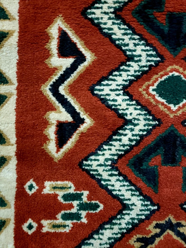 Small Geometric Orange / Green Wool Hand-knotted Tribal Rug 36x23 Inch - Image 2 of 4